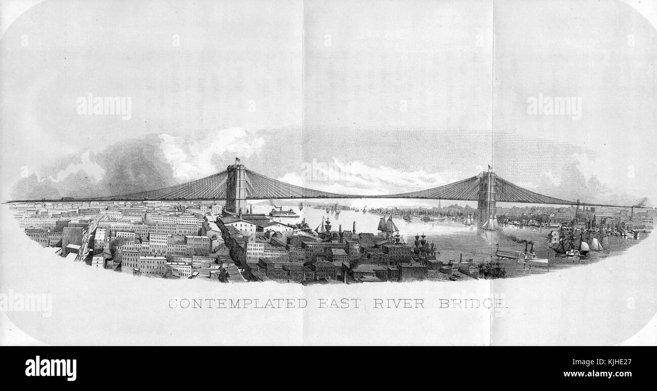 Lithograph captioned 'Contemplated East River Bridge', depicting a city view with large ships and steamboats on the river, the bridge, now the Brooklyn Bridge, featured in the center, New York, New York, 1870. From the New York Public Library. Stock Photo