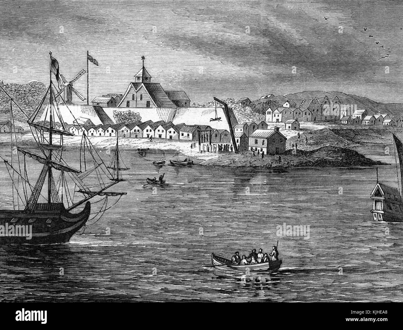 Lithograph depicting a view of Fort Amsterdam, a fort on the southern tip of Manhattan that was the administrative headquarters for the Dutch and then English/British rule of New York from 1625 or 1626 until being torn down in 1790 after the American Revolution, at about 1650, as seen from the water, the fort and other structures in the background, New York, 1800. From the New York Public Library. Stock Photo