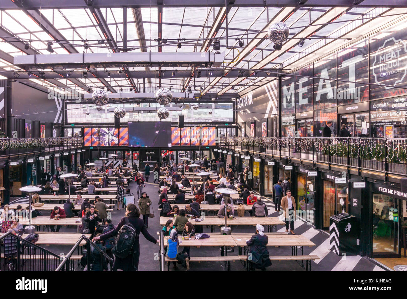 Boxpark Croydon opened in 2016 with street food cafes and restaurants operating from refitted shipping containers. Stock Photo