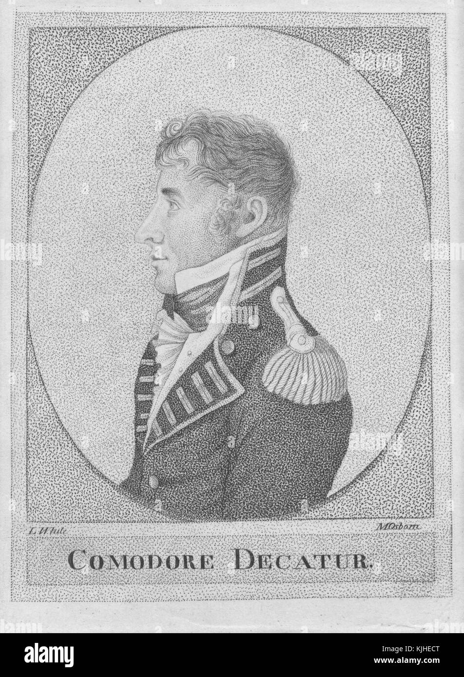 Engraved portrait of Stephen Decatur, Junior, a United States naval officer and commodore notable for his many naval victories in the early 19th century, his service in the Navy took him through both Barbary Wars in North Africa, the Quasi War with France, and the War of 1812 with Britain, France, 1800. From the New York Public Library. Stock Photo