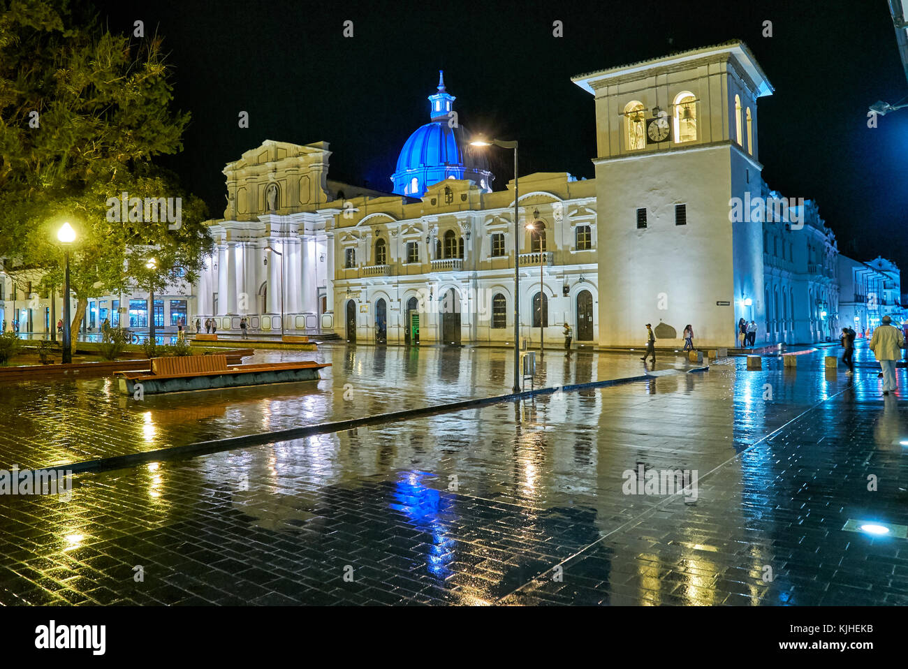night shot of Cathedral Basilica of Our Lady of the Assumption and Torre del Reloj, Popayan, Colombia, South America Stock Photo