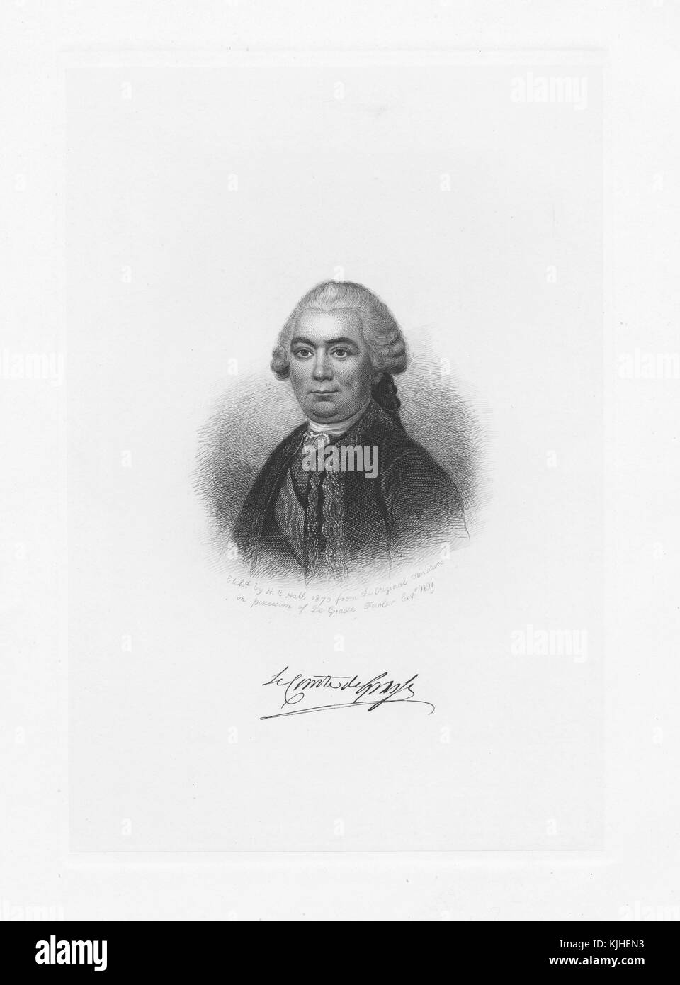 Etched portrait of Francois Joseph Paul de Grasse, also known as Comte de Grasse, a French admiral best known for his command of the French fleet at the Battle of the Chesapeake, which led directly to the British surrender at Yorktown, his signature copied at the bottom, 1870. From the New York Public Library. Stock Photo