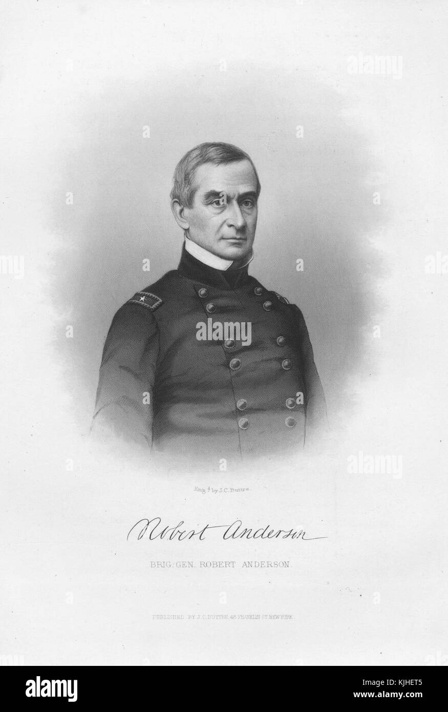 Engraved portrait of Brigadier General Robert Anderson, a United States Army officer during the American Civil War, his actions in defense of Fort Sumter made him an immediate national hero, his signature depicted at the bottom, United States, 1870. From the New York Public Library. Stock Photo