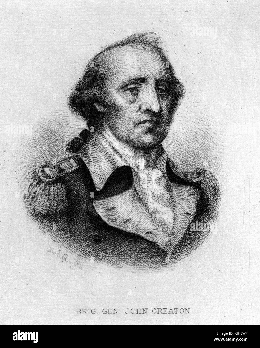 An engraving from a portrait of John Greaton, he served as an officer during the American Revolutionary War, he was ranked as a colonel when he commanded the 3rd Massachusetts Regiment during several battles including the Battle of Bunker Hill and the Battle of Saratoga, he eventually was promoted to the rank of brigadier general which he held until most of the Continental Army was disbanded in 1783, Massachusetts, 1800. From the New York Public Library. Stock Photo