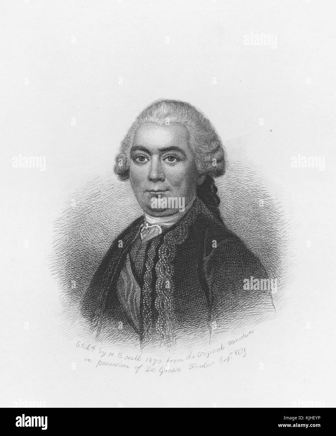 An etching from a portrait of Francois Joseph Paul de Grasse, he was an admiral in the French navy, he is best known for his command of the French fleet during the Battle of the Chesapeake which prevented the British Royal Navy from reinforcing or evacuating Lieutenant General Lord Cornwallis forces, this led to a combined Colonial and French victory during the Siege of Yorktown effectively ending the American Revolutionary War, 1839. From the New York Public Library. Stock Photo