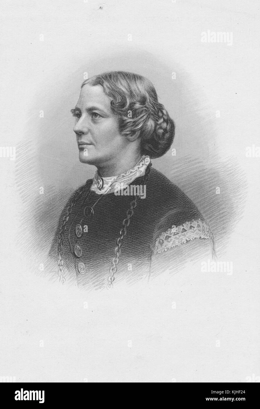 An etching from a portrait of a woman identified as Mrs James M White, she is wearing a black dress with lace sewn on to the sleeves, she has a small necklace with a polished black stone attached to it and a larger necklace consisting of a chain, she also has a small brooch pin on her neck, 1870. From the New York Public Library. Stock Photo