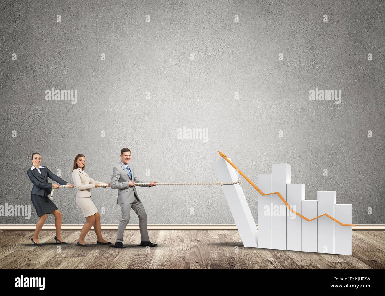 Businessteam working in collaboration pulling graph with rope as symbol ...