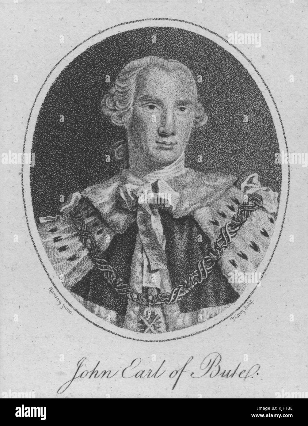 An engraving from a portrait of John Stuart, 3rd Earl of Bute, he served as Prime Minister of Great Britain under King George III, he was the first Prime Minister from Scotland following the creation of the United Kingdom 45 years earlier, he resigned from the office a little over a year later, Scotland, 1830. From the New York Public Library. Stock Photo
