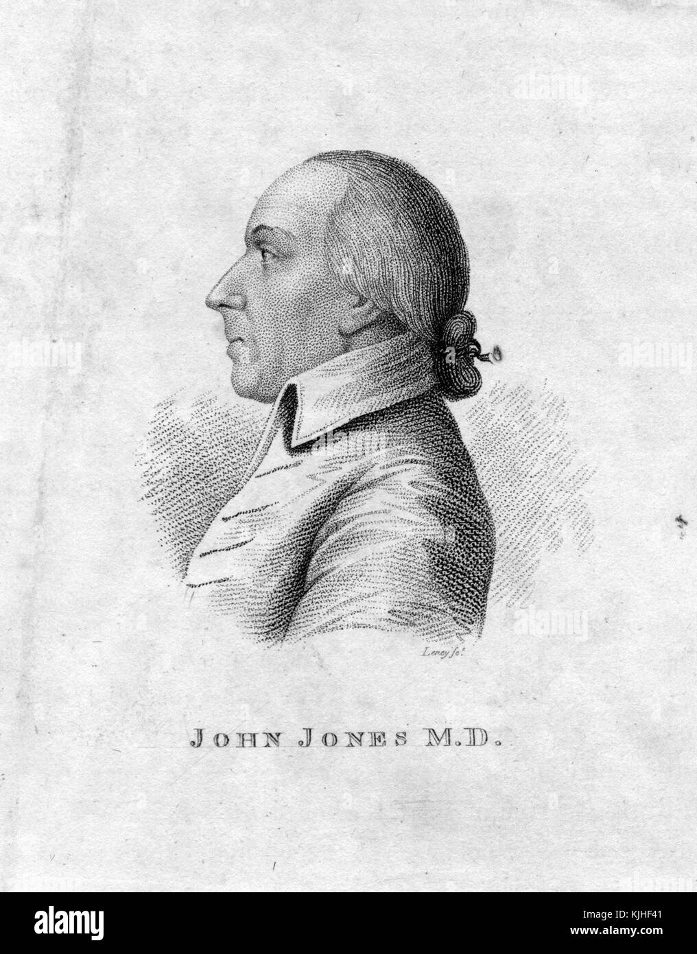 An engraving from a portrait of a man identified as John Jones MD, he is wearing a jacket that is typical of clothing worn during the 18th century, his hair style is also typical of the time, 1832. From the New York Public Library. Stock Photo