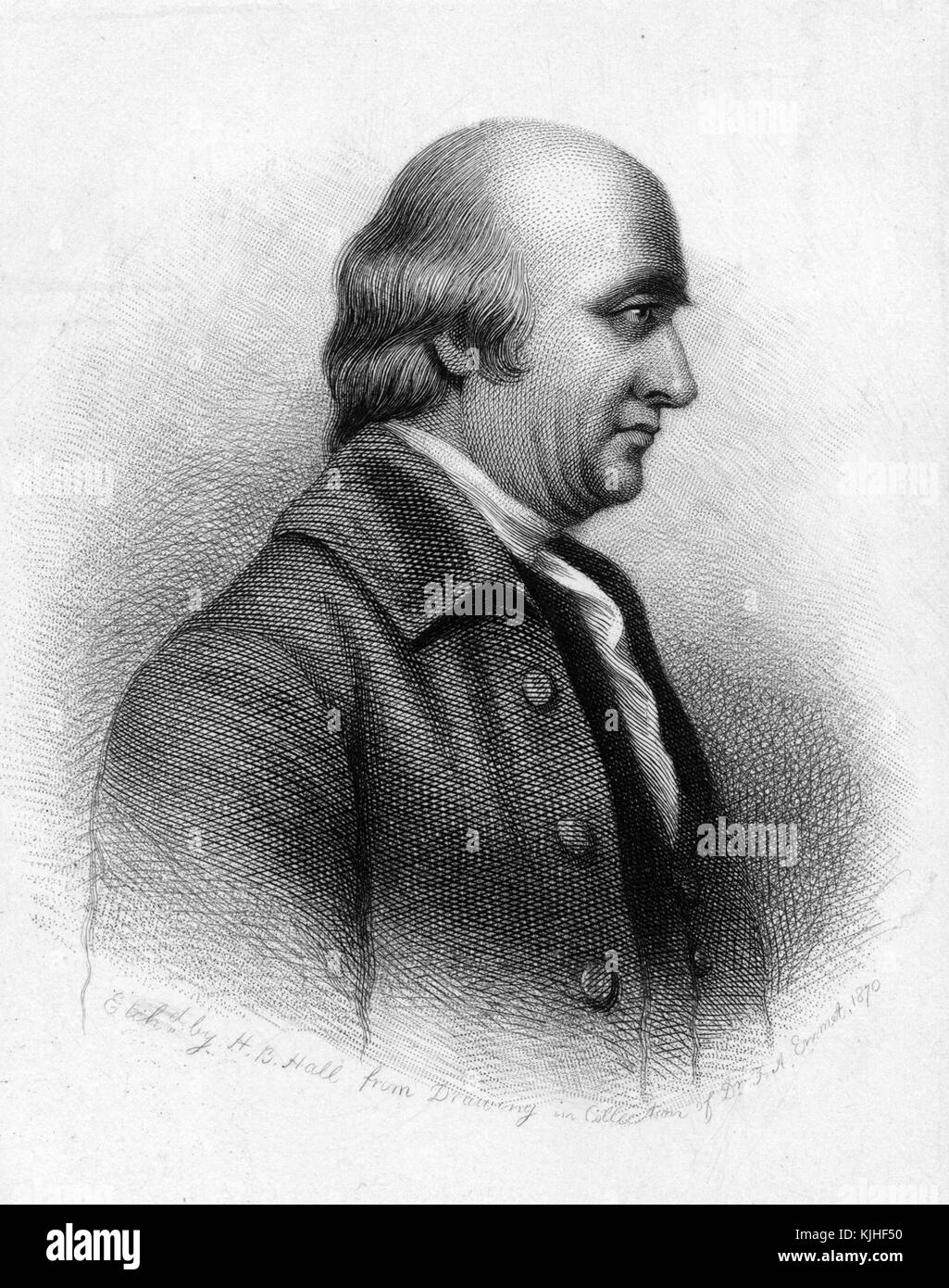 An etching of a man identified only as Hook, he is wearing a dark suit and white shirt, 1830. From the New York Public Library. Stock Photo