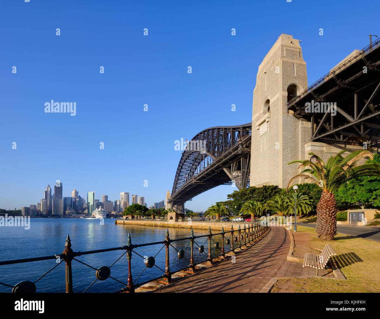 Sydney Harbour Bridge in the morning from Kirribilli, NSW, Australia with space for text in the upper left corner. Stock Photo