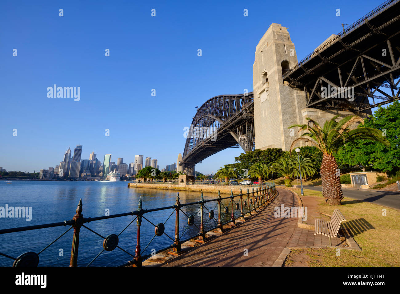 Sydney Harbour Bridge in the morning from Kirribilli, NSW, Australia with space for text in the upper left corner. Stock Photo