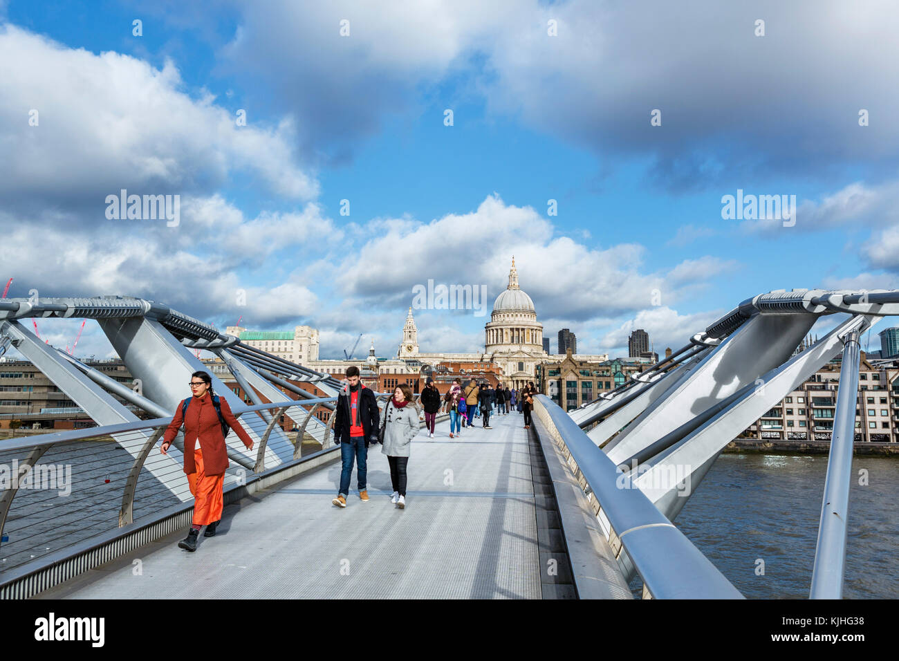 View across Millennium Bridge and River Thames towards St Paul's Cathedral, London, England, UK Stock Photo