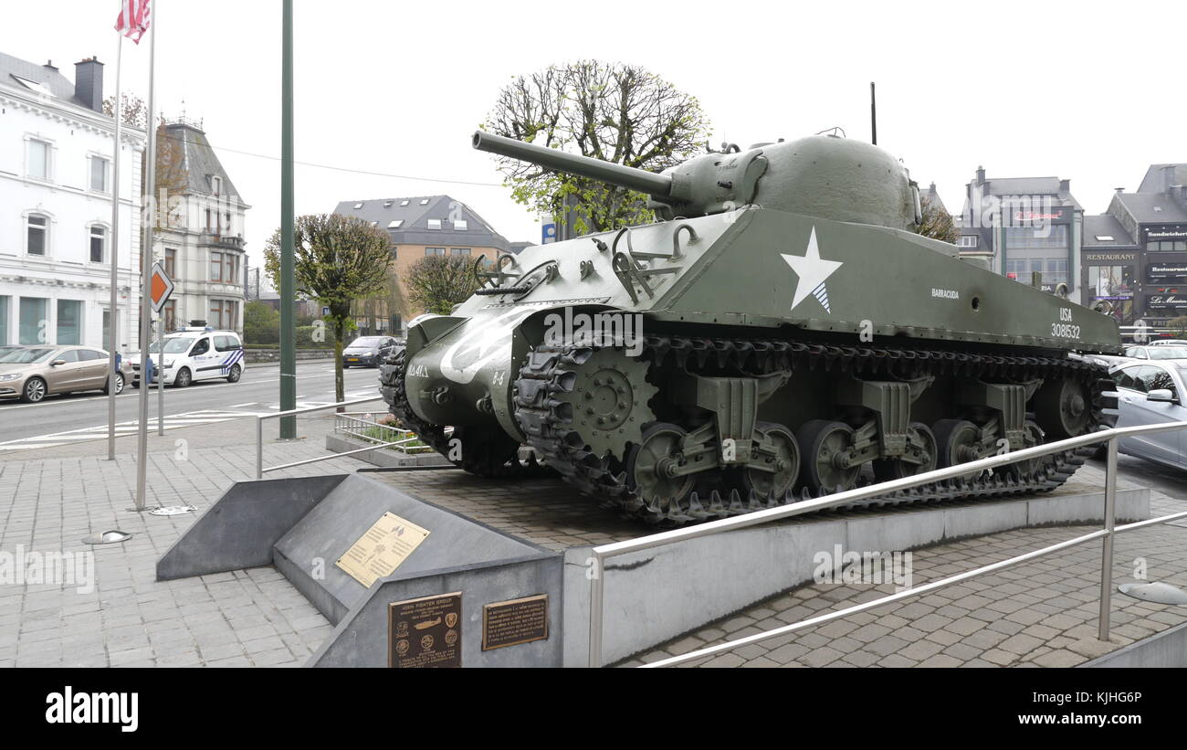WWII Sherman tank Bastogne Stock Photo
