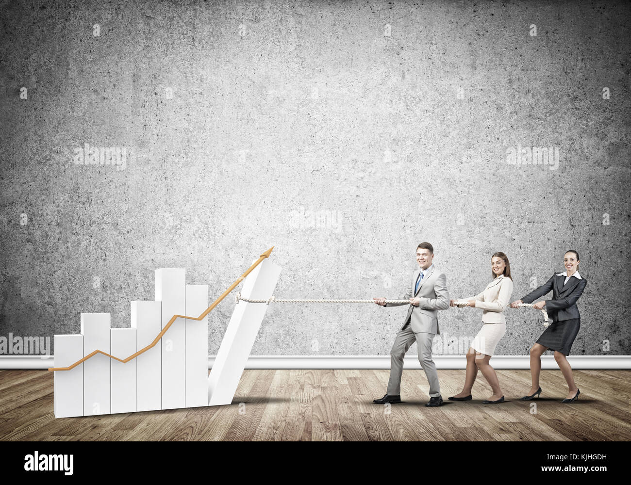 Businessteam working in collaboration pulling graph with rope as symbol ...