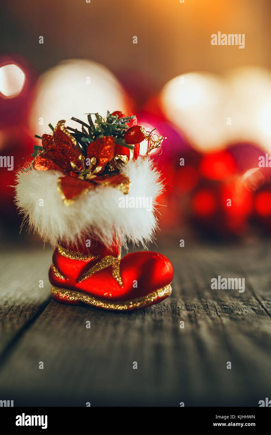 Red Christmas Boo On Rustic Wooden Board Soft Bokeh Lights And