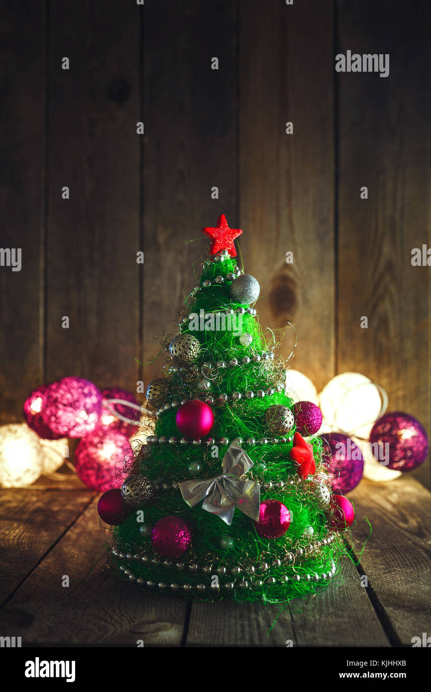 Handmade Decorative Christmas Tree On Rustic Wooden Board Soft