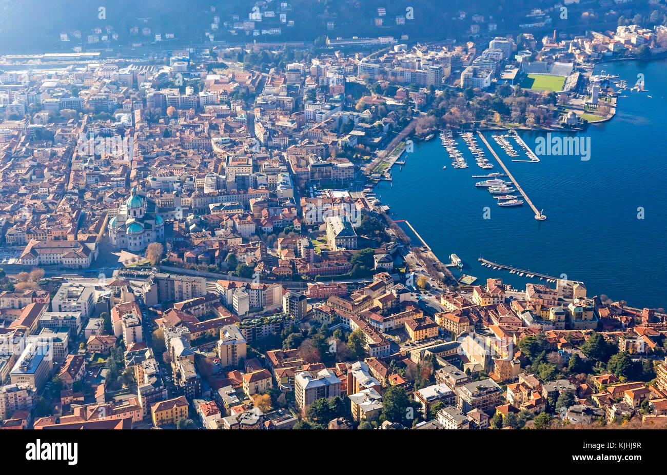 Aerial landscape of the picturesque colorful City of Como on Lake Como, Italy. European vacation, living life style, architecture and travel concept Stock Photo