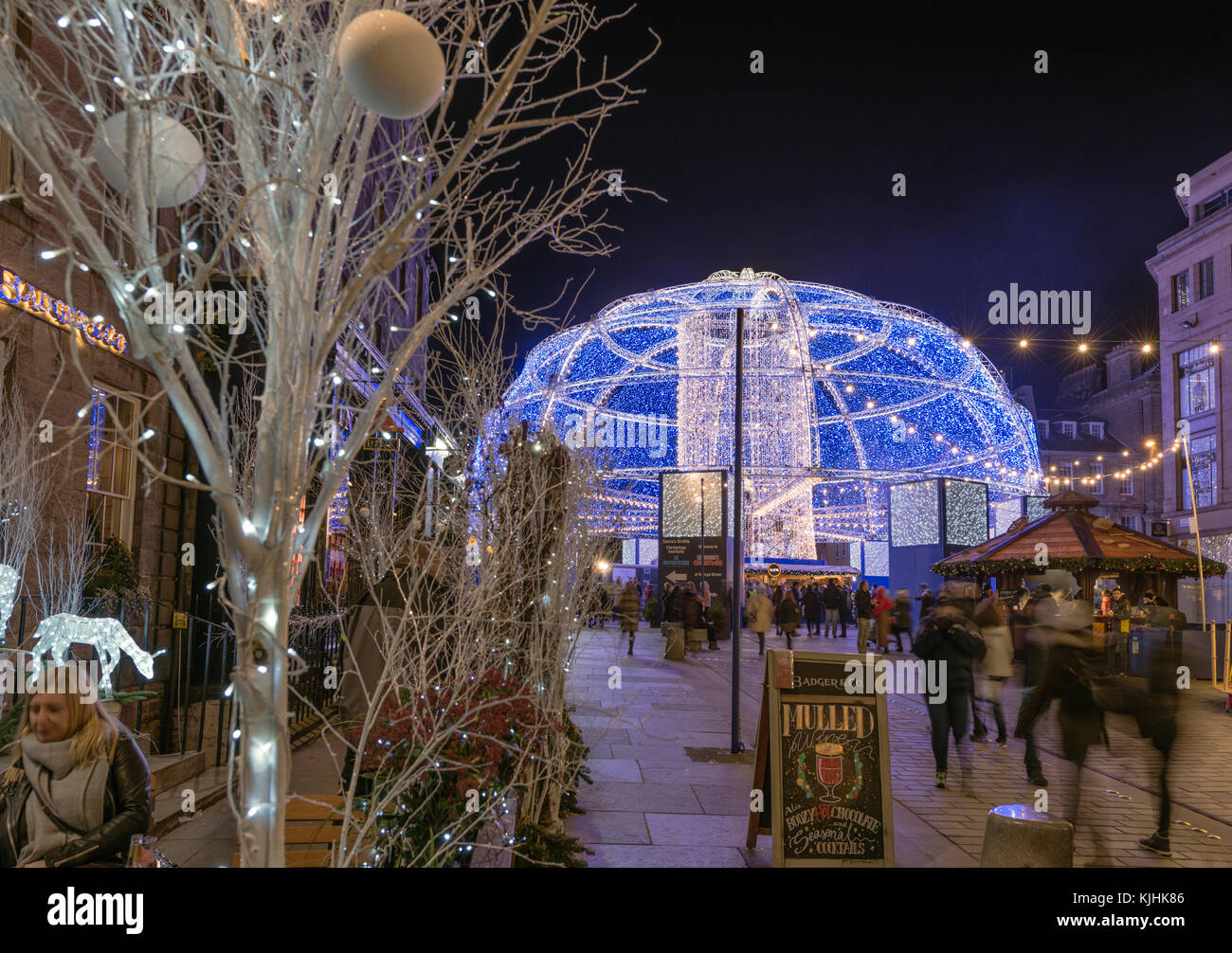 The Christmas lighting installation in George Street at night, Edinburgh, Scotland, UK Stock Photo