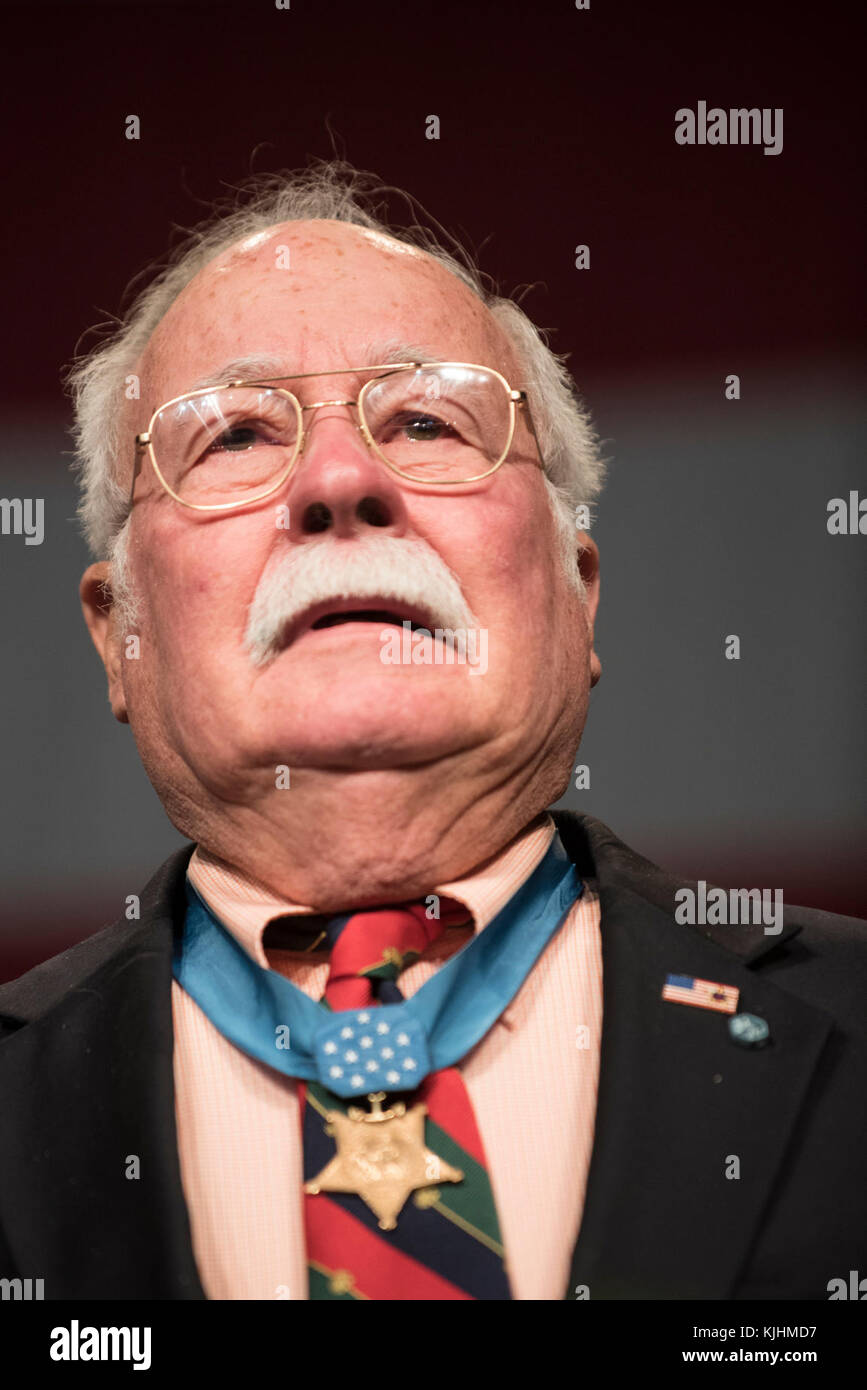 Retired U.S. Marine Corps. Col. Harvey C ‘Barney’ Barnum, a Vietnam war Medal of Honor Recipient, reacts to the death of Retired U.S. Navy Capt. Thomas J. Hudner Jr., a Korean war Medal of Honor Recipient, during the Semper Fidelis Society Boston U.S. Marine Corps Birthday Luncheon at the Boston Convention & Exhibition Center, Massachusetts, Nov. 13, 2017. (DoD Photo by U.S. Army Sgt. James K. McCann) Stock Photo