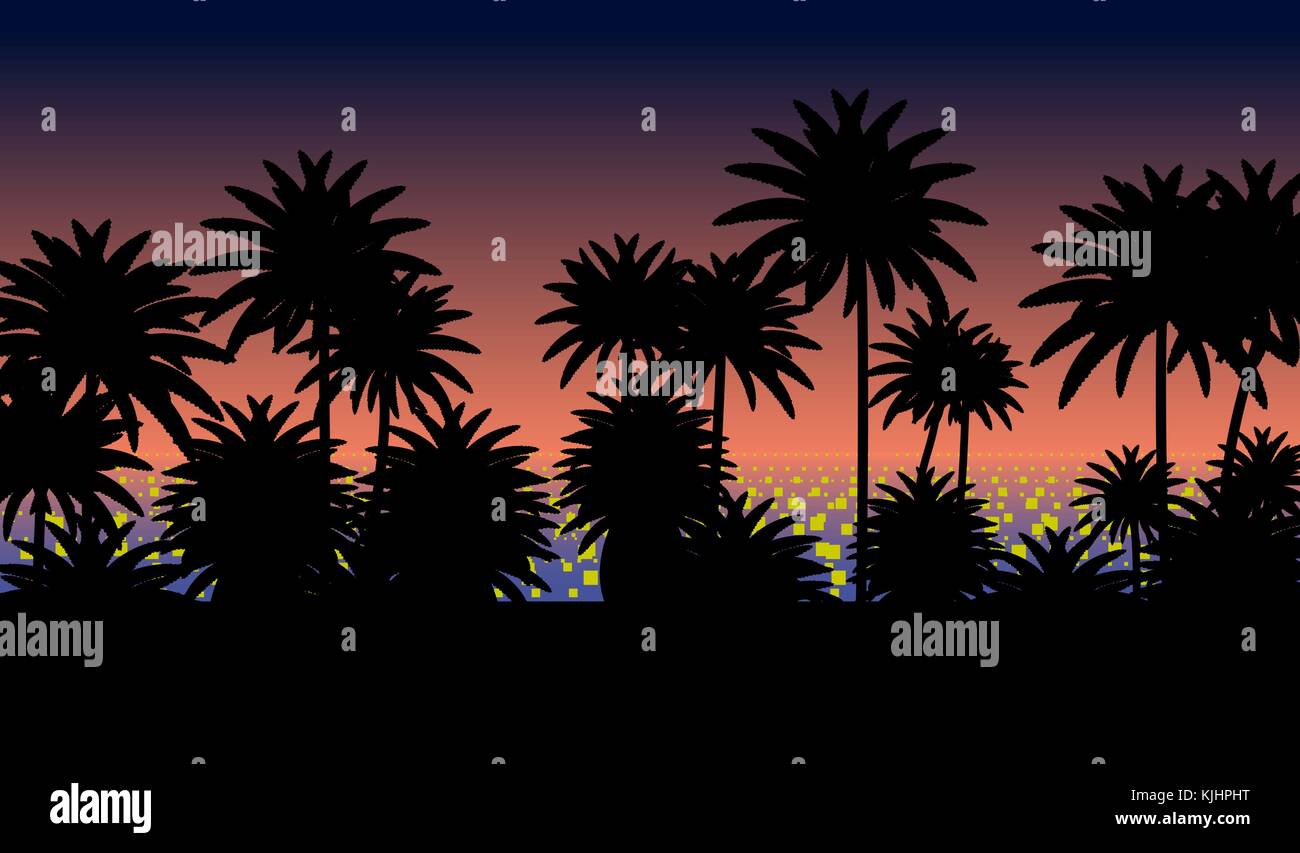 Sunset against a background of cityscape with silhouettes of palms Stock Vector