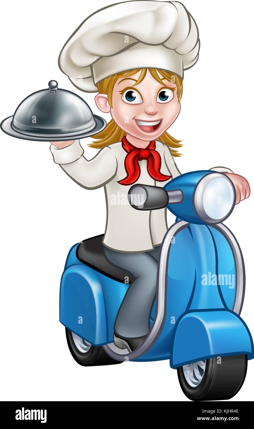 Cartoon Woman Delivery Scooter Chef Stock Vector