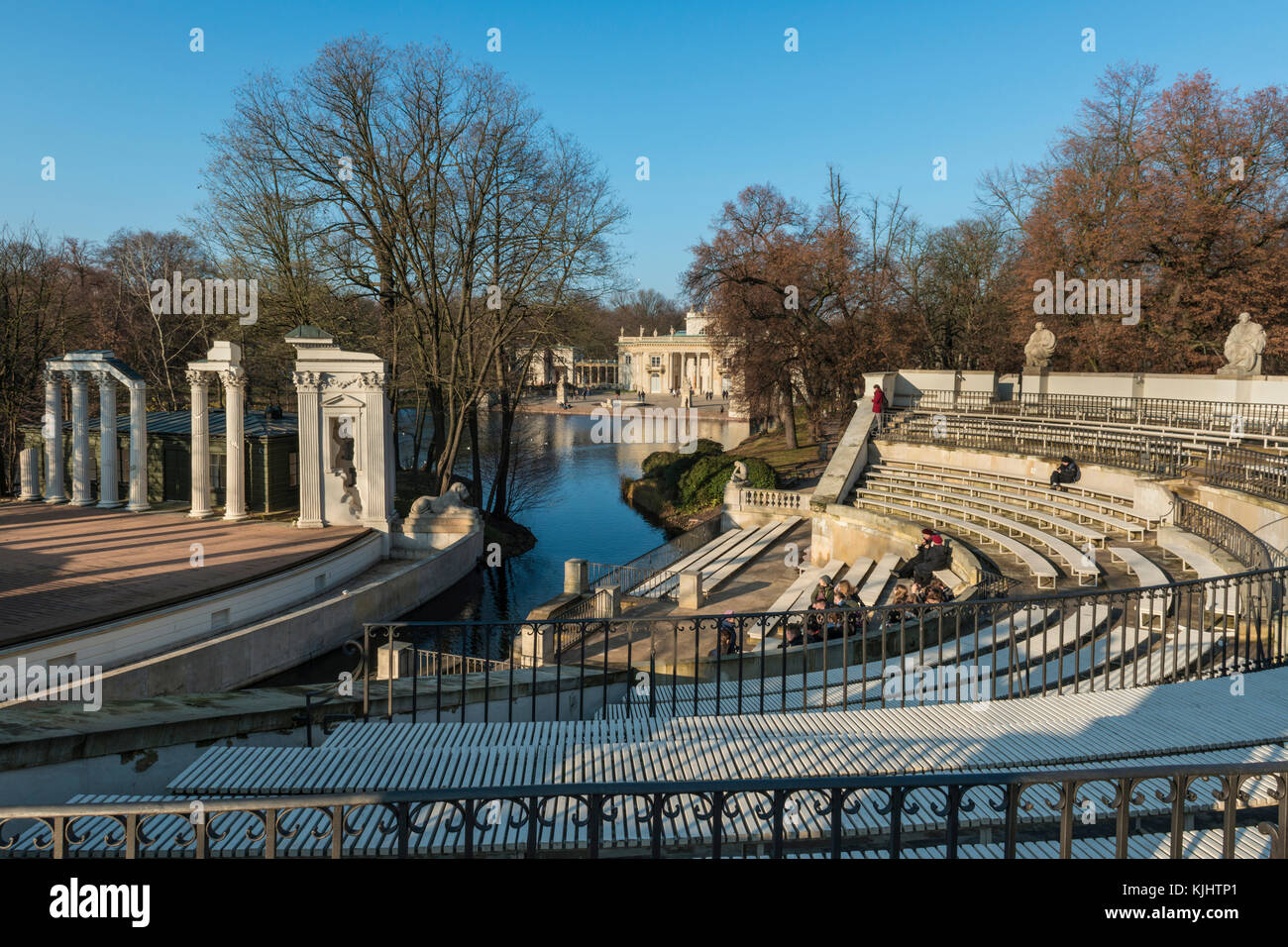 Palace on the Water and the amphitheatre of the Palace on the Isle at the Warsaw's Royal Baths Park. Stock Photo
