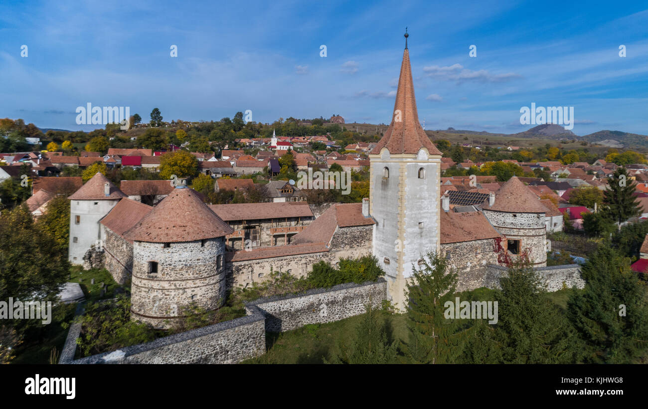 Towers and walls of a medieval fortified castle (Sukosd-Bethlen) Racos, Transylvania Romania Stock Photo