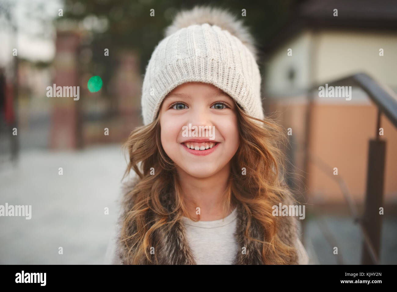 cute little girl with knitted hat Stock Photo