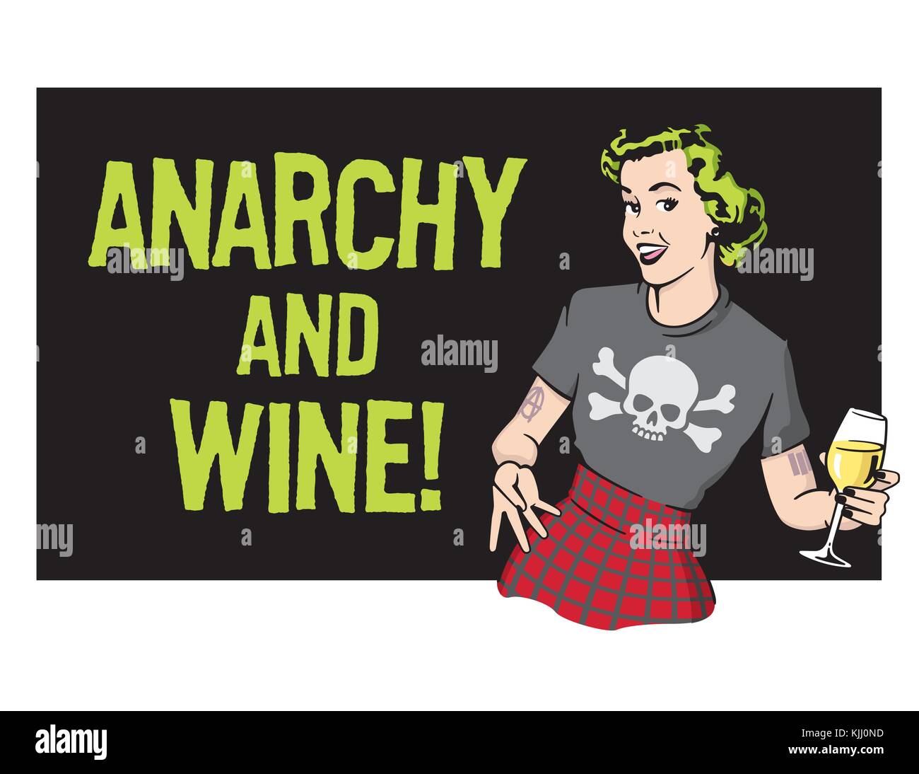 Anarchy and Wine Punk Rock Housewife Vector Design Retro housewife illustration wearing punk rock clothes and drinking wine. Stock Vector