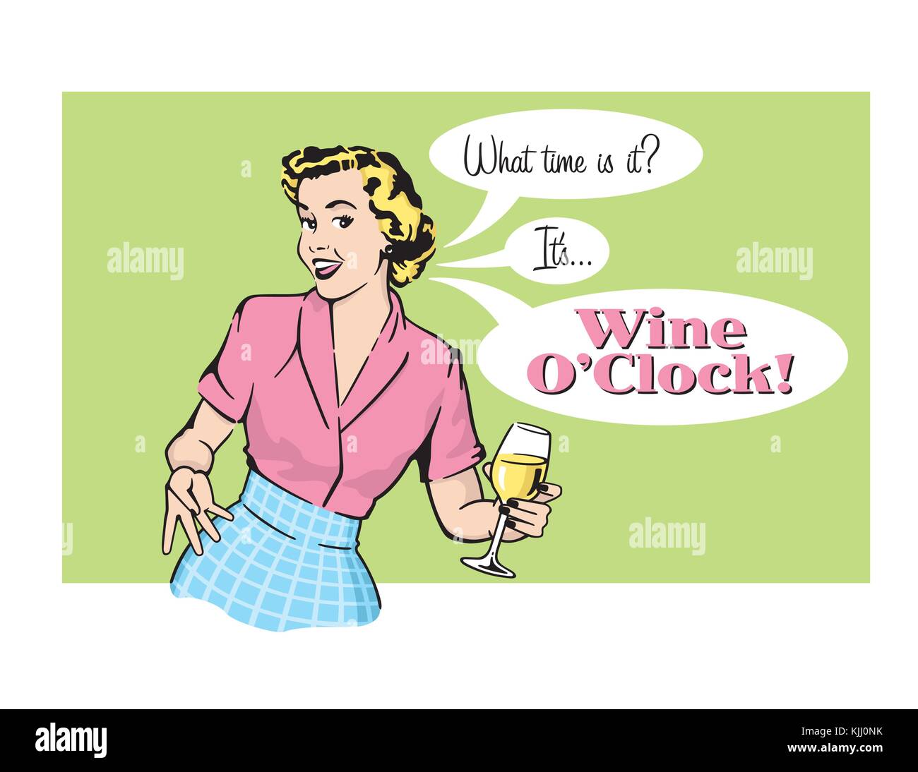 Wine Oclock Retro Housewife Vector Graphic. Vector illustration of sassy retro woman announcing that it is wine oclock. Vintage 1950s style graphics. Stock Vector