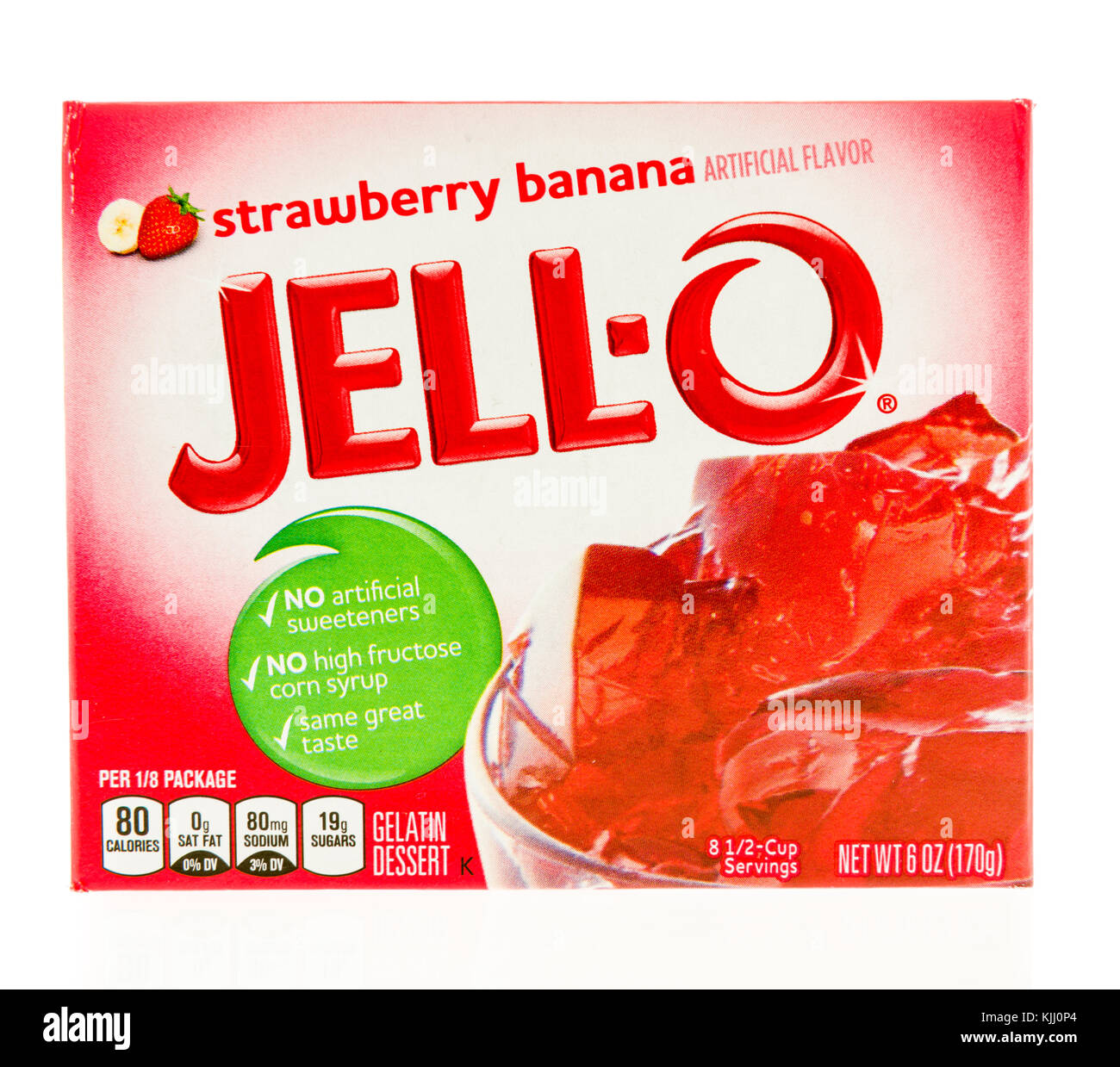 Winneconne, WI - 23 November 2017:  A box of Jello in strawberry banana flavor with a new box box design on an on an isolated background. Stock Photo