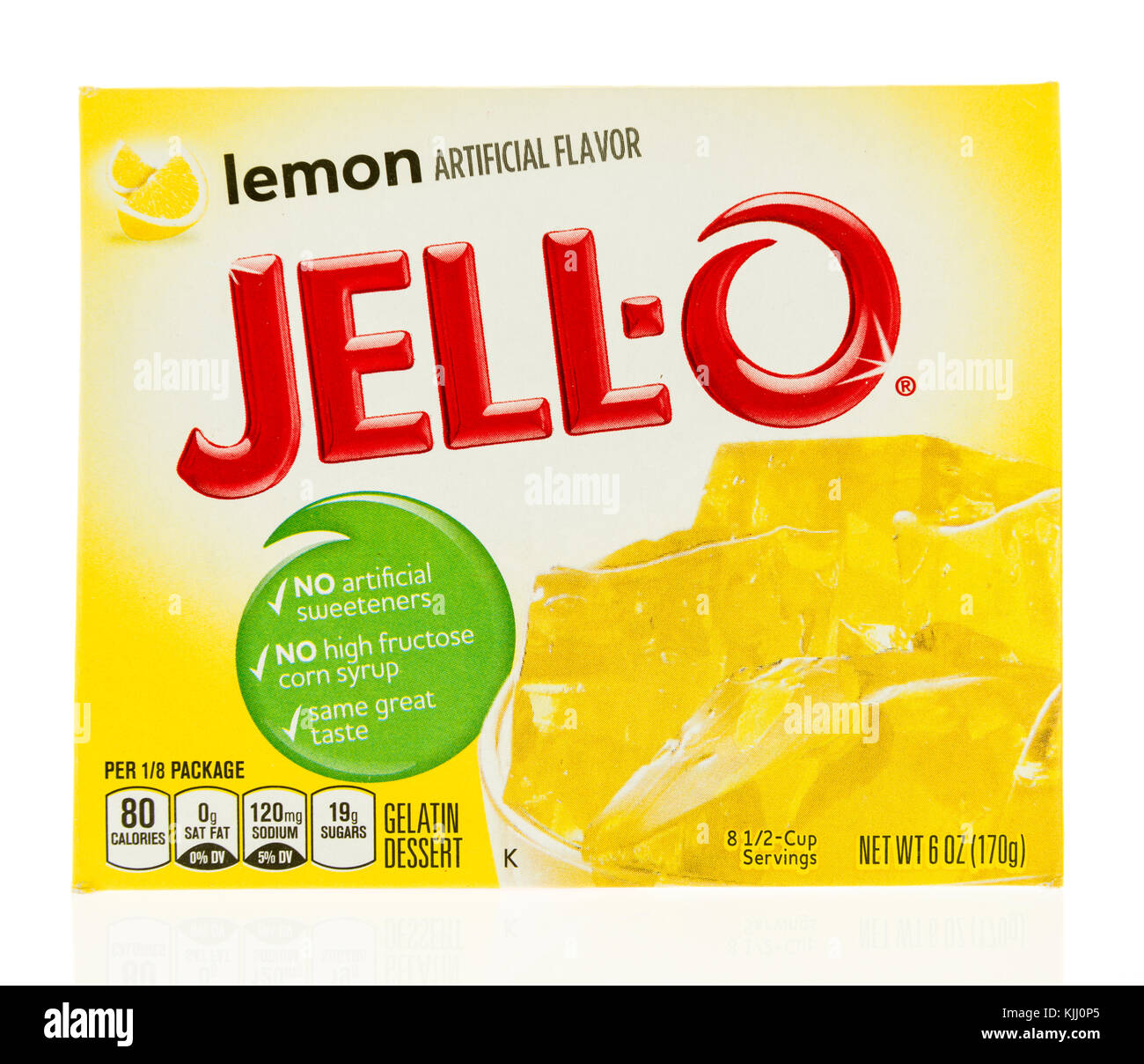 Winneconne, WI - 23 November 2017:  A box of Jello in lemon flavor with a new box box design on an on an isolated background. Stock Photo