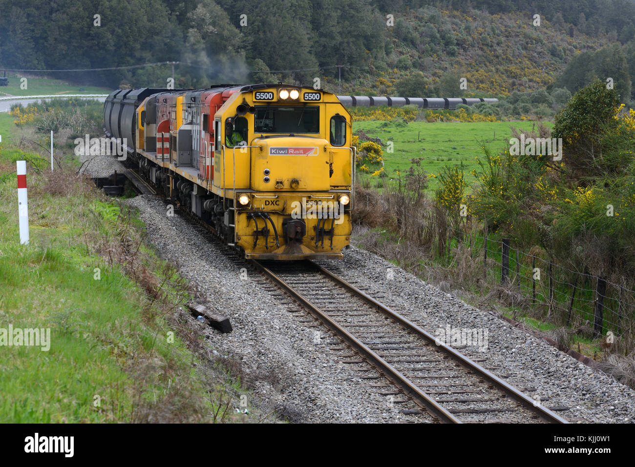 NGAHERE, NEW ZEALAND, OCTOBER 5, 2016: A train carries empty wagons to the Stockton open cast coal mine, Westland, New Zealand Stock Photo
