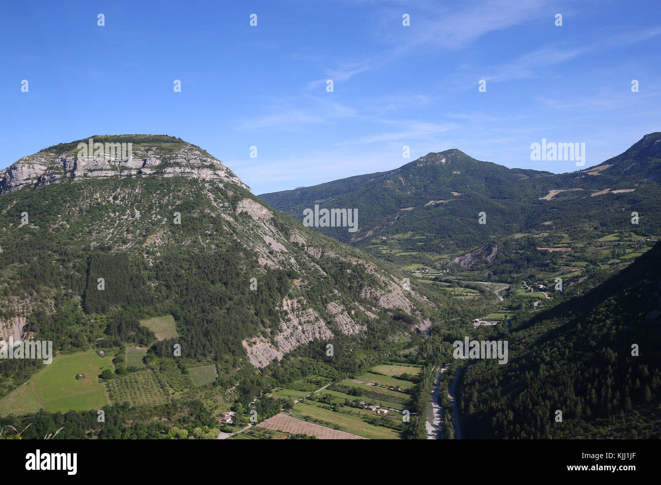 View from the mountain top into the valley near Remuzat.  France. Stock Photo