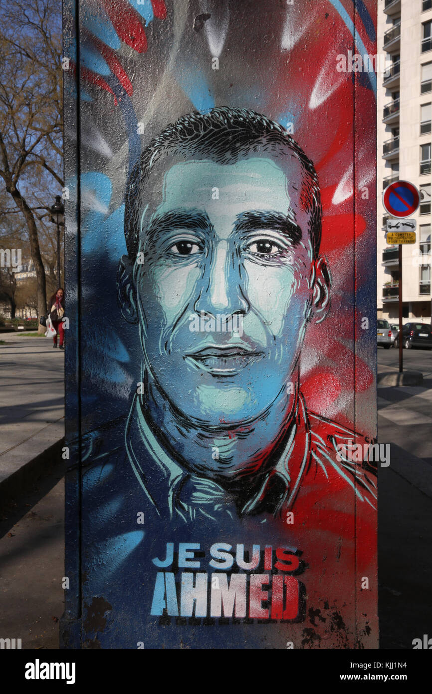 Tribute to the policeman who was shot during the Charlie Hebdo killings. France. Stock Photo