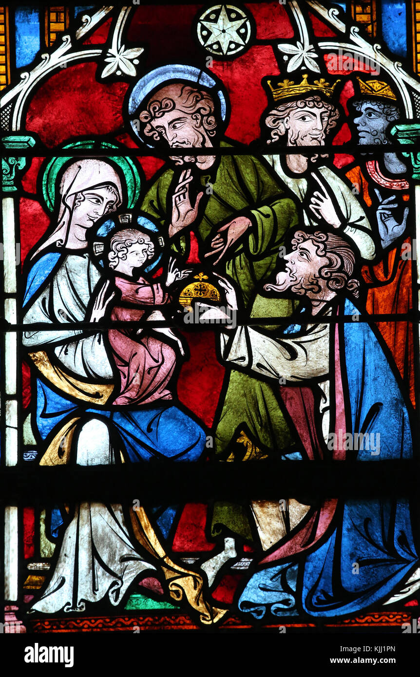 Auxerre cathedral dedicated to Saint Stephan.  Stained glass window. The Nativity. Adoration of the Magi.  France. Stock Photo