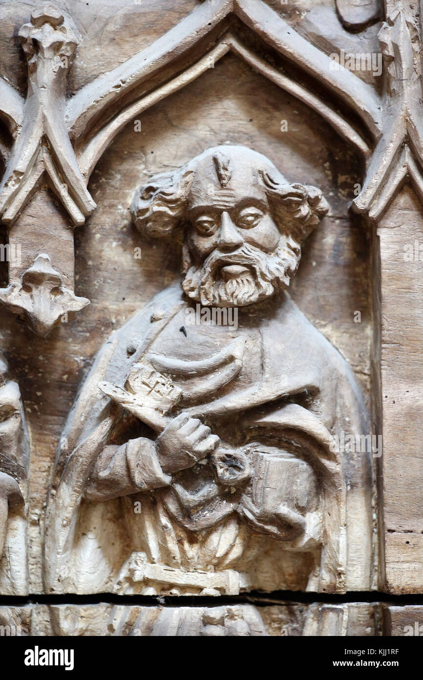 The Abbey of Saint-Germain d'Auxerre. Saint Peter. Carved wood. 15 th Century.  France. Stock Photo