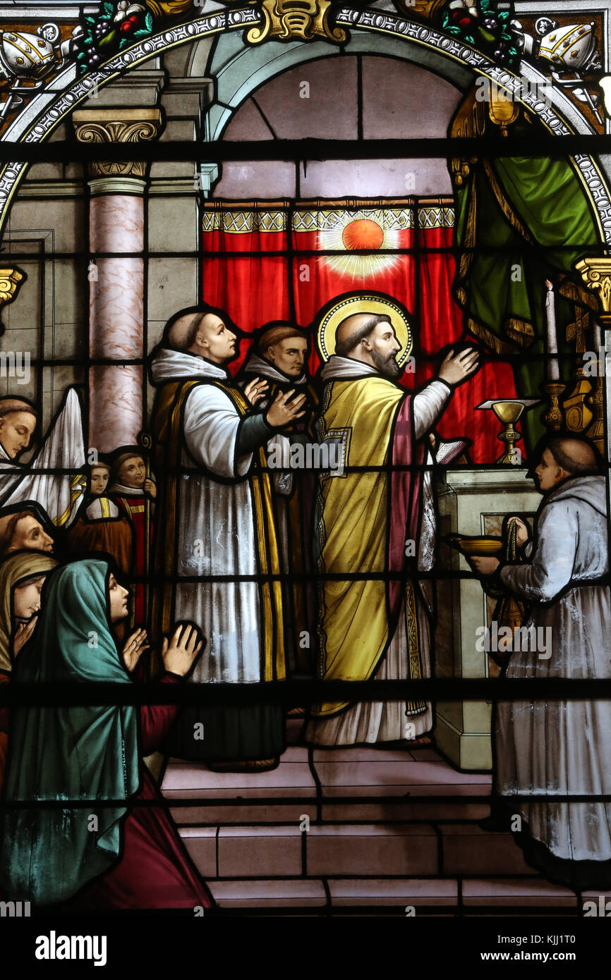 Saint Martin church.  Stained glass window.  Saint Martin of Tours.  Avallon. France. Stock Photo