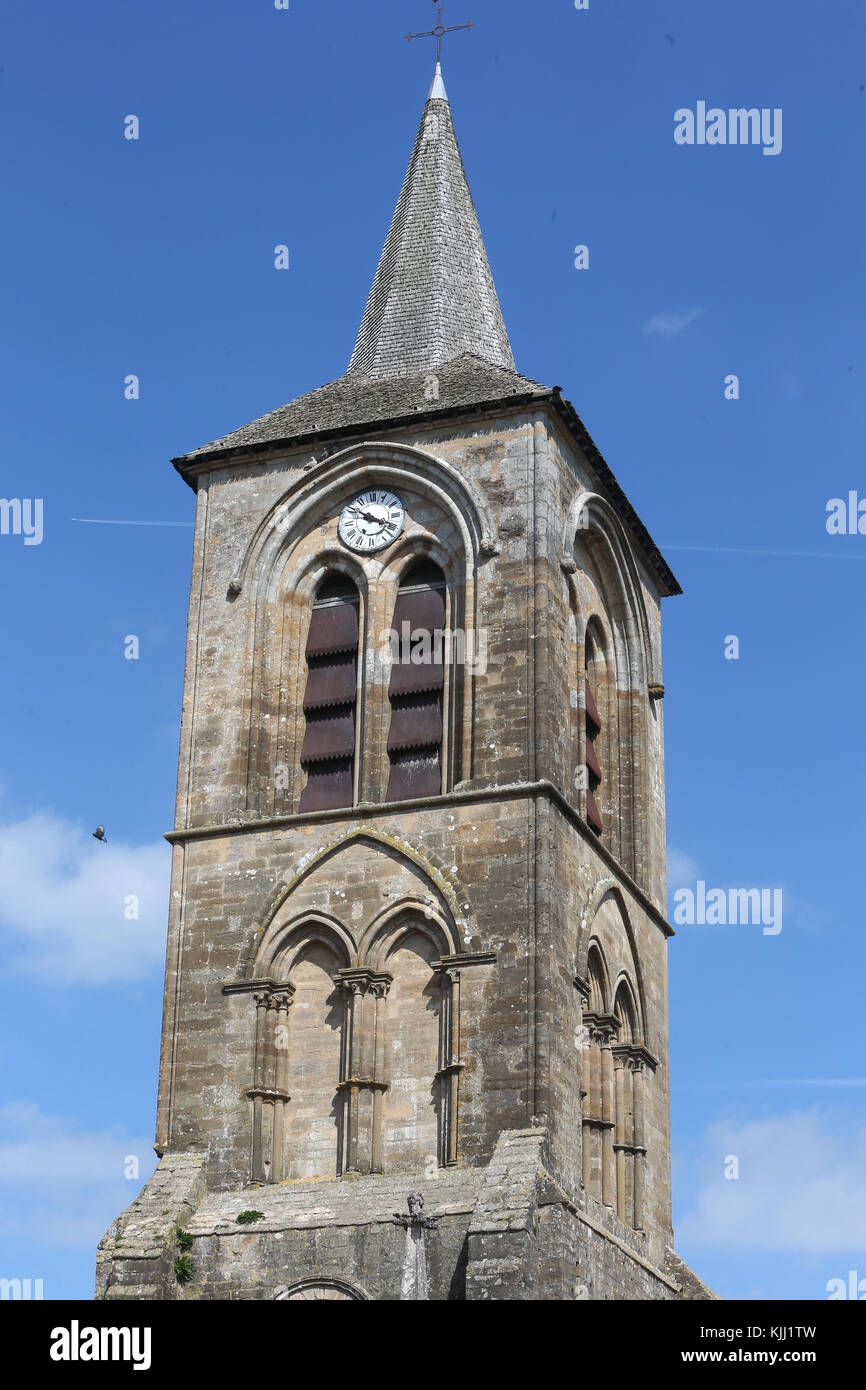 Pontaubert church. Bell tower.  France. Stock Photo