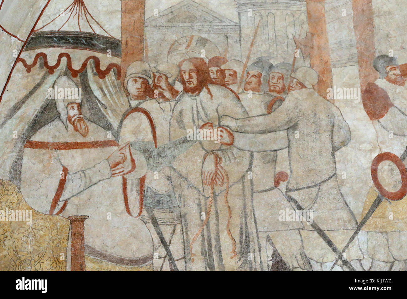 Vault de Lugny church.  16th century wall painting. Christ in his passion. Christ before Pilate.  France. Stock Photo