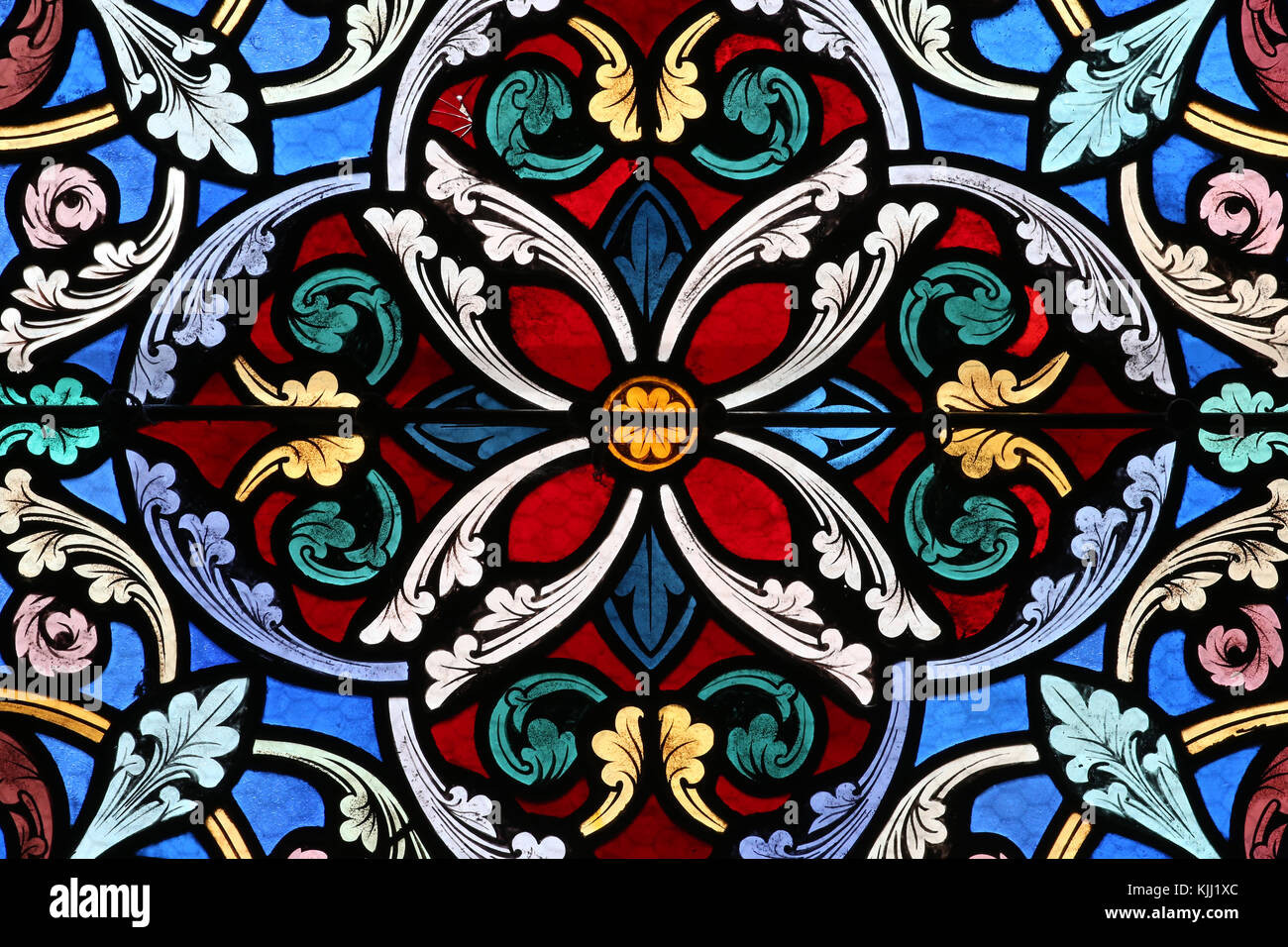 Saint Fargeau church.  Stained glass window.  Flower. France. Stock Photo