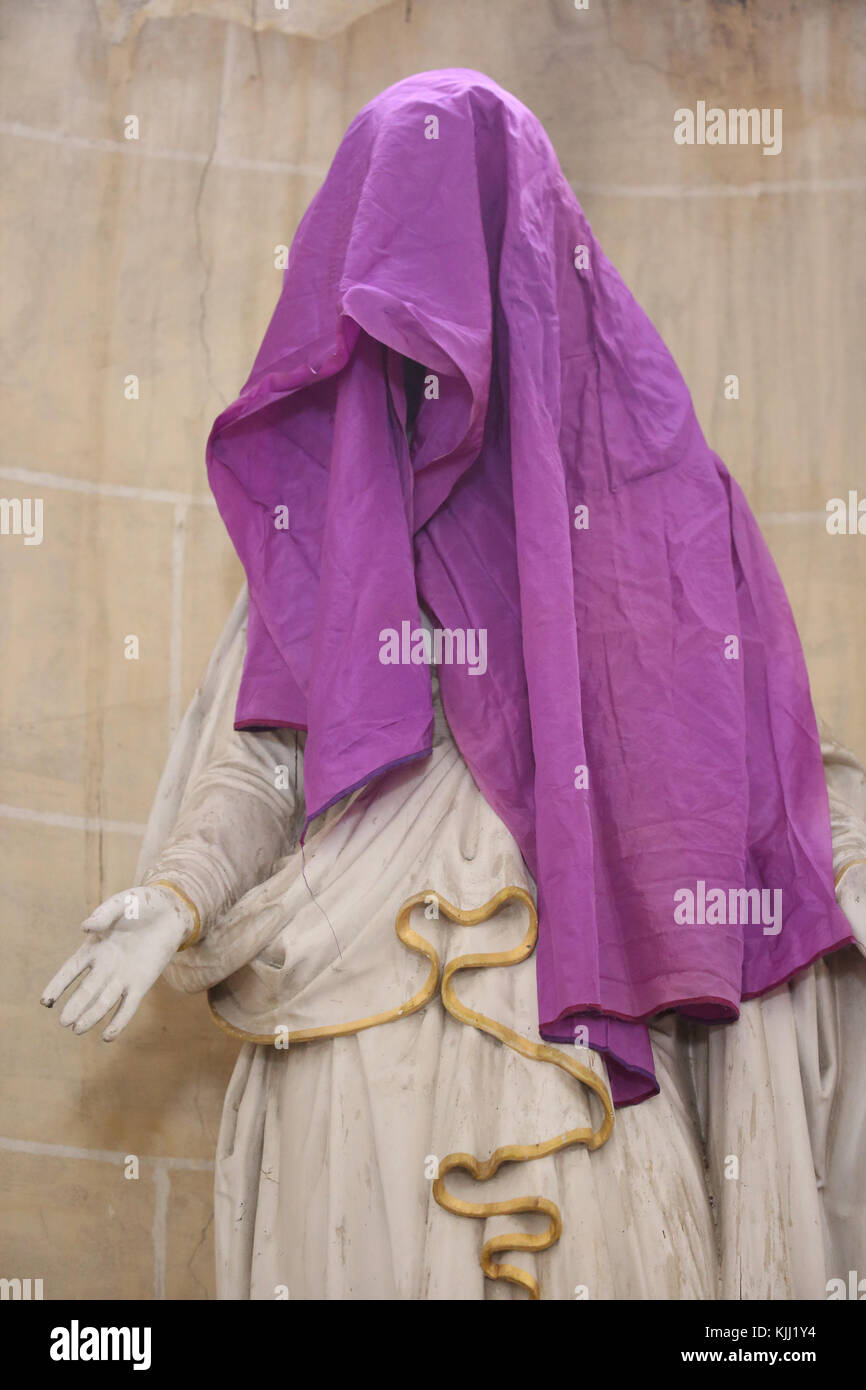 Saint Fargeau church. Holy week. A statue is veiled for Lent. France Stock Photo Alamy