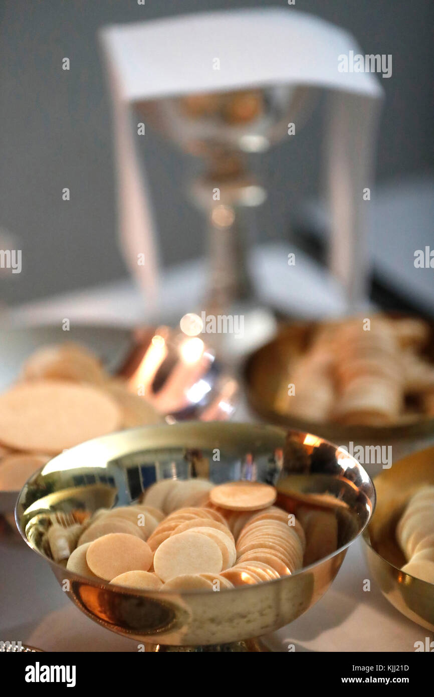 Roman catholic mass. Communion Wafers in Bowl. SaintMartin. France