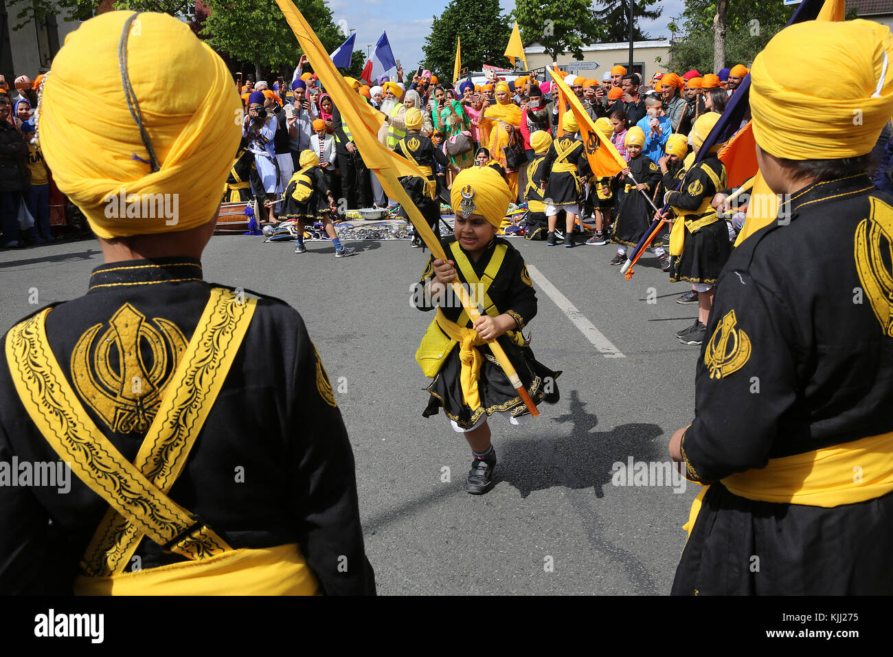 Sikhs celebrating Vaisakhi festival in Bobigny, France. Martial arts. Stock Photo