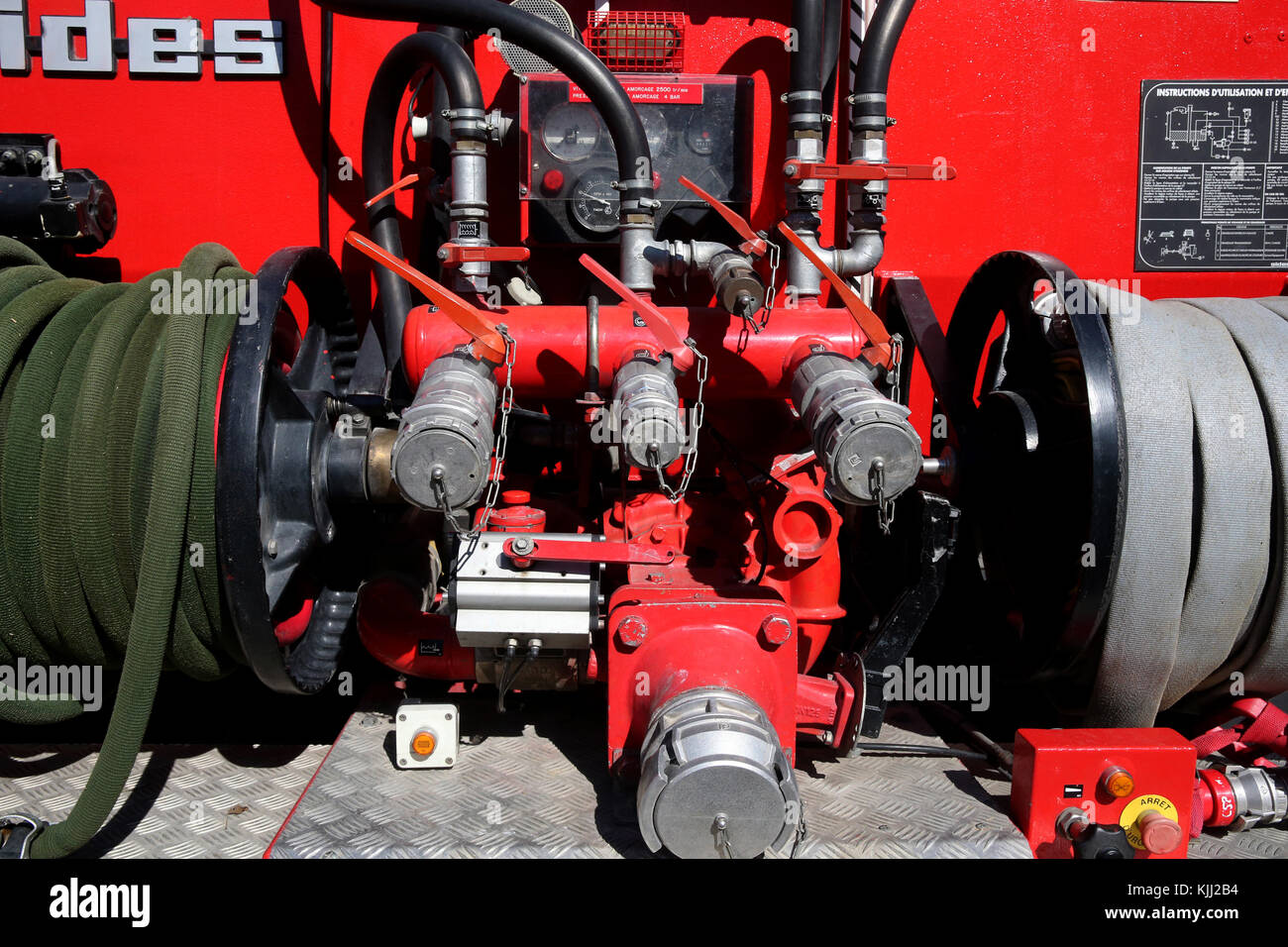 Fire truck.   Sprinkler system. France. Stock Photo