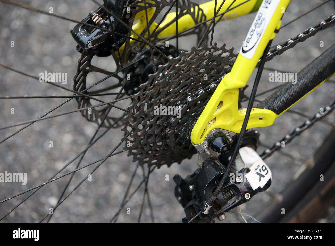Close up of moutain bike chain and gears.  France. Stock Photo
