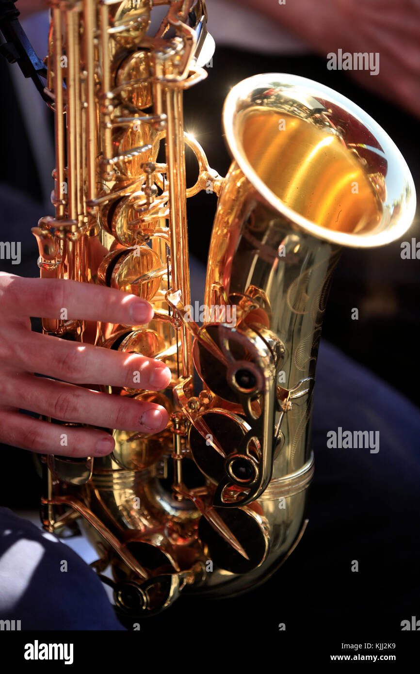 Faucigny music festival. Brass band musicians.  Saxophone.  Saint-Gervais. France. Stock Photo