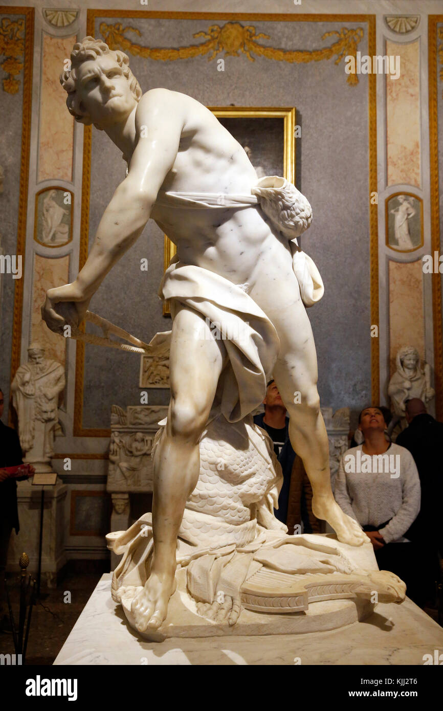 Borghese gallery, Rome. Gian Lorenzo Bernini, David. Marble, 1623/1624. Italy. Stock Photo
