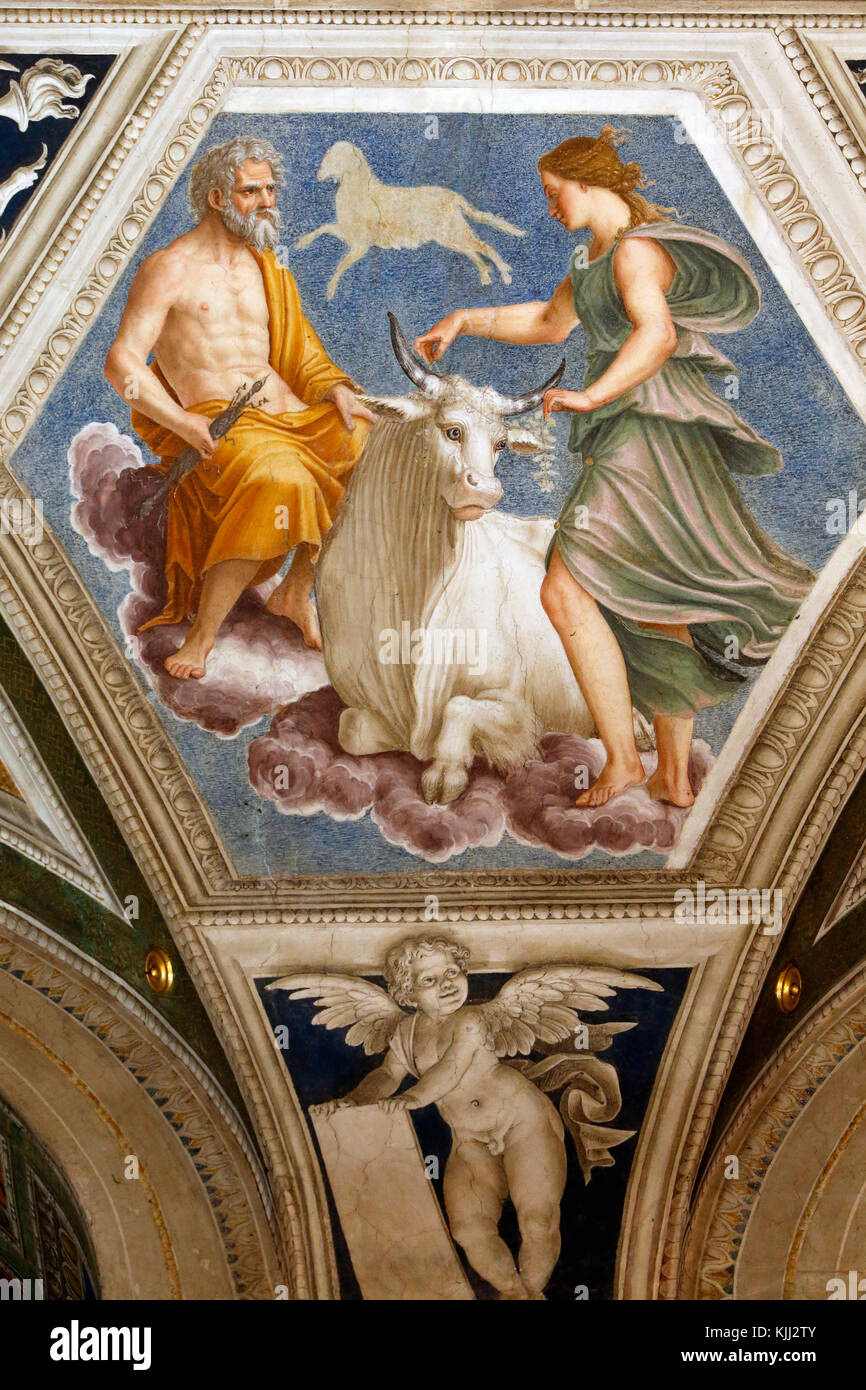 Villa Farnesina, Rome. The Loggia of Galatea. Jupiter observing Europa on a bull. Symbols of Jupiter in Aries and Taurus. Italy. Stock Photo